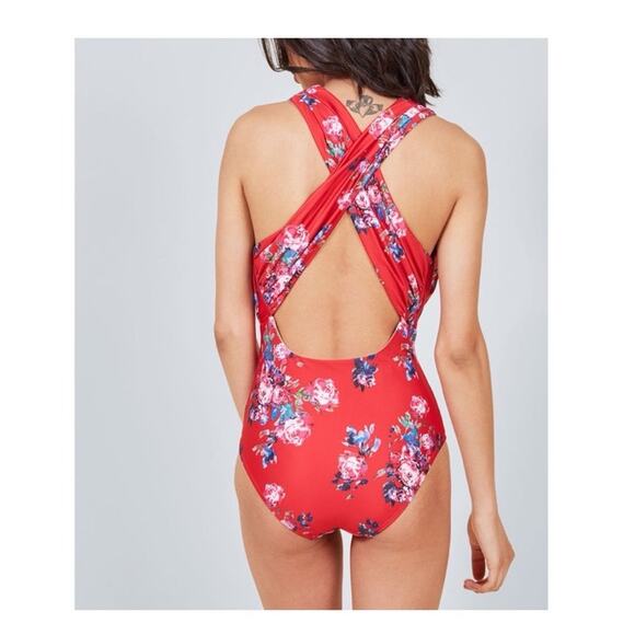 NWOT ModCloth The Lauren Red Floral Plunge Halter One-Piece Swimsuit Size XL - Picture 2 of 11